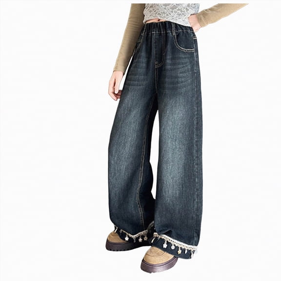 Gvdentm Jean for Girls 7-16 Girls Baggy Cargo Jeans Wide Leg High Waisted Kids Hop Pants Denim Elastic Waist Pockets Vintage(Blue,13-14 Years)