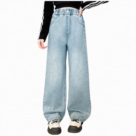 Gvdentm Jeans Girls 10-12 Baggy Jeans for Girls Wide Leg Ripped High Elastic Waisted Denim Pants Cute Summer Trousers Y2K Streetwear(Blue,4-5 Years)