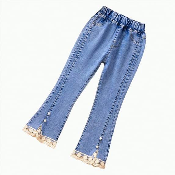 Gvdentm Jeans Girls 10-12 Girl’s Baggy Straight Leg Jeans Casual Y2K Cute Embroidered Elastic Waist Loose Fit Denim Pants for Kids Teen Girls(Blue,10-11 Years)