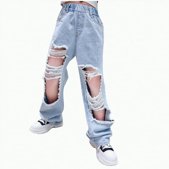 Gvdentm Jeans Girls 10-12 Girls Streetwear Denim Cargo Pants High Waist Floor Length Baggy Wide Leg Jeans with Multi Pockets(Navy,8-9 Years)