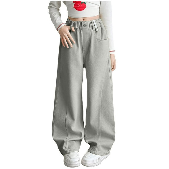 Gvdentm Jeans for Girls Girl's Solid Jeans Zipper Elastic High-Waist Denim Pants Girl Clothes Basic Wide Leg Jeans(Grey,15-16 Years)
