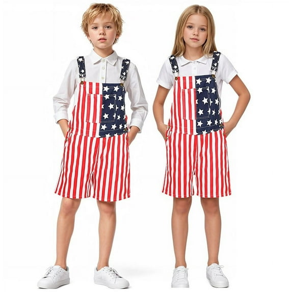 Gvdentm Kids 4th of July Outfit Boy American Flag Overall Girl Stretch Denim Jumpsuit USA Shorts with Zipper Fly Girls Overalls Red 13-14 Years