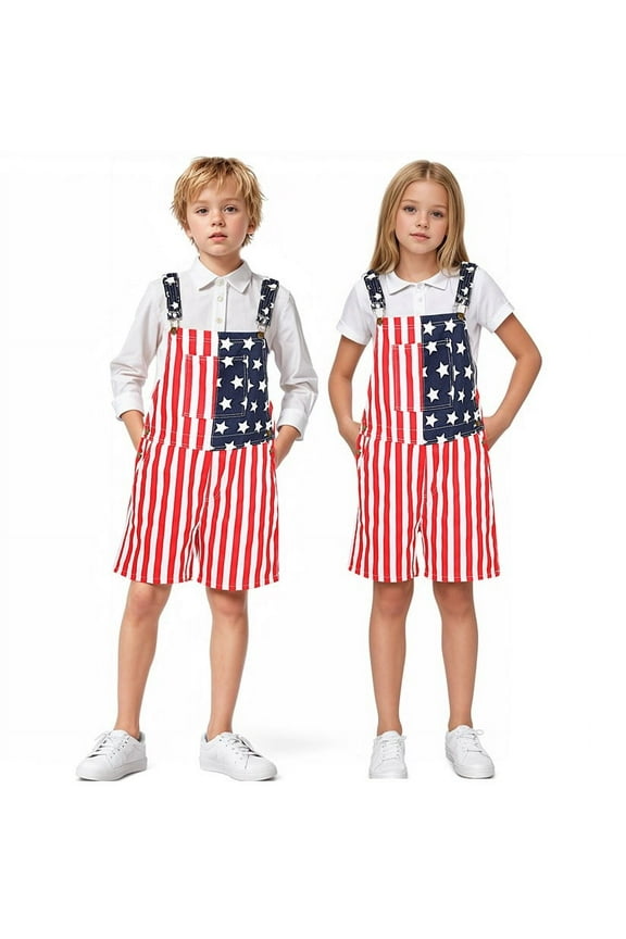 Kids 4th of July Outfit Boy American Flag Overall Girl Stretch Denim Jumpsuit USA Shorts with Zipper Fly Girls Overalls Red 7-8 Years