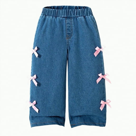 Gvdentm Kids Jeans Girls Girl’s Baggy Straight Leg Jeans Casual Y2K Cute Embroidered Elastic Waist Loose Fit Denim Pants for Kids Teen Girls(Navy,6-7 Years)