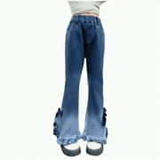 GVDENTM Jeans Girls 10-12 Girl's Cute Jeans Elastic Waist Wide Leg Baggy Demin Pants(Blue,12-13 Years)