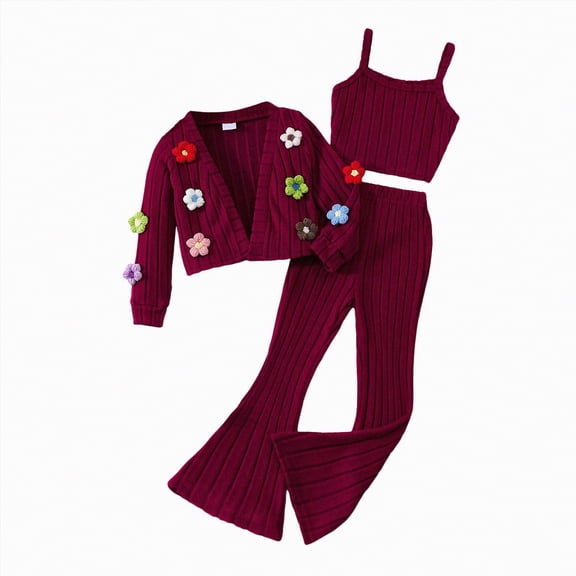 Gvdentm Kids Toddler Girls Clothing Set 4t Long Sleeve Top Floral Print Pants 2 Pcs Fall Outfits Set(Wine,3-4 Years)