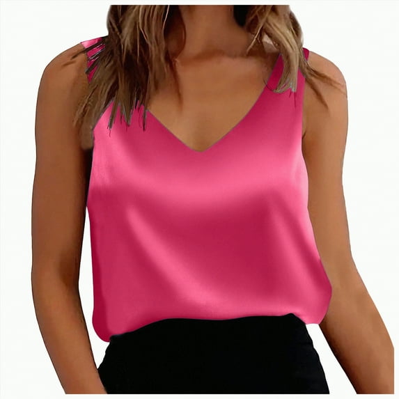 Gvdentm Ladies Tops Womens Silk Satin Tank Tops V Neck Casual Cami Sleeveless Camisole Blouses Summer Basic Tank Shirt(Hot Pink,2XL)