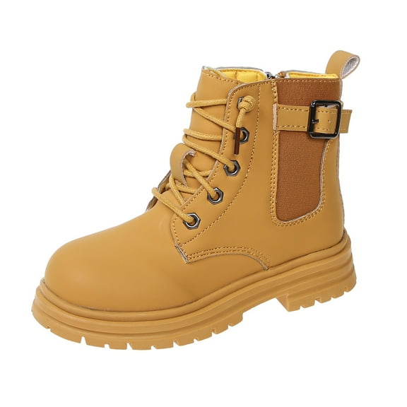 Gvdentm Little Boys Boots Leather Lace-Up Zipper Mid Calf Combat Riding Winter Boots Girls Pink Winter Shoes(Yellow,1)
