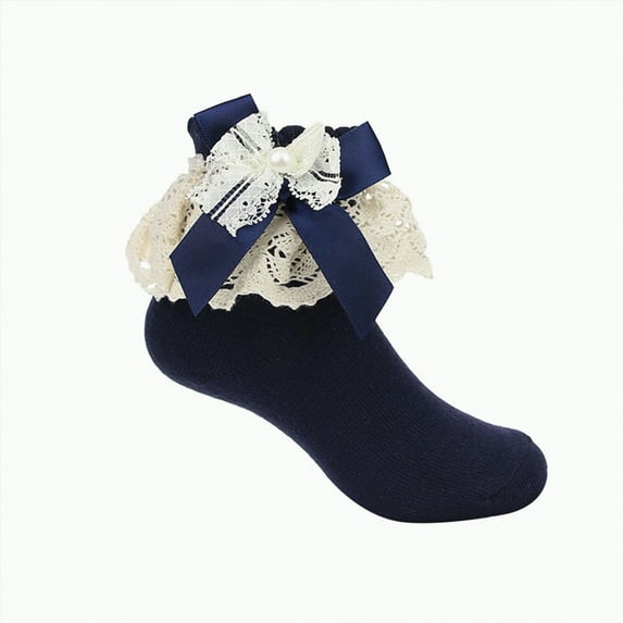 Gvdentm Little Girls Socks Ruffle Socks for Toddler Baby Girls Double Frilly Lace Dress Socks Kids Ankle Tutu Socks|Navy 5-6 Years