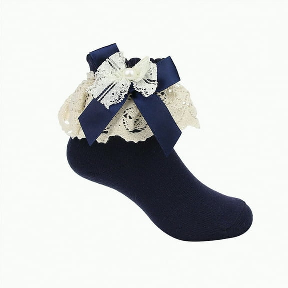 Gvdentm Little Girls Socks Ruffle Socks for Toddler Baby Girls Double Frilly Lace Dress Socks Kids Ankle Tutu Socks|Navy 5-6 Years