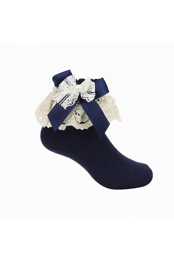 Little Girls Socks Ruffle Socks for Toddler Baby Girls Double Frilly Lace Dress Socks Kids Ankle Tutu Socks|Navy 5-6 Years