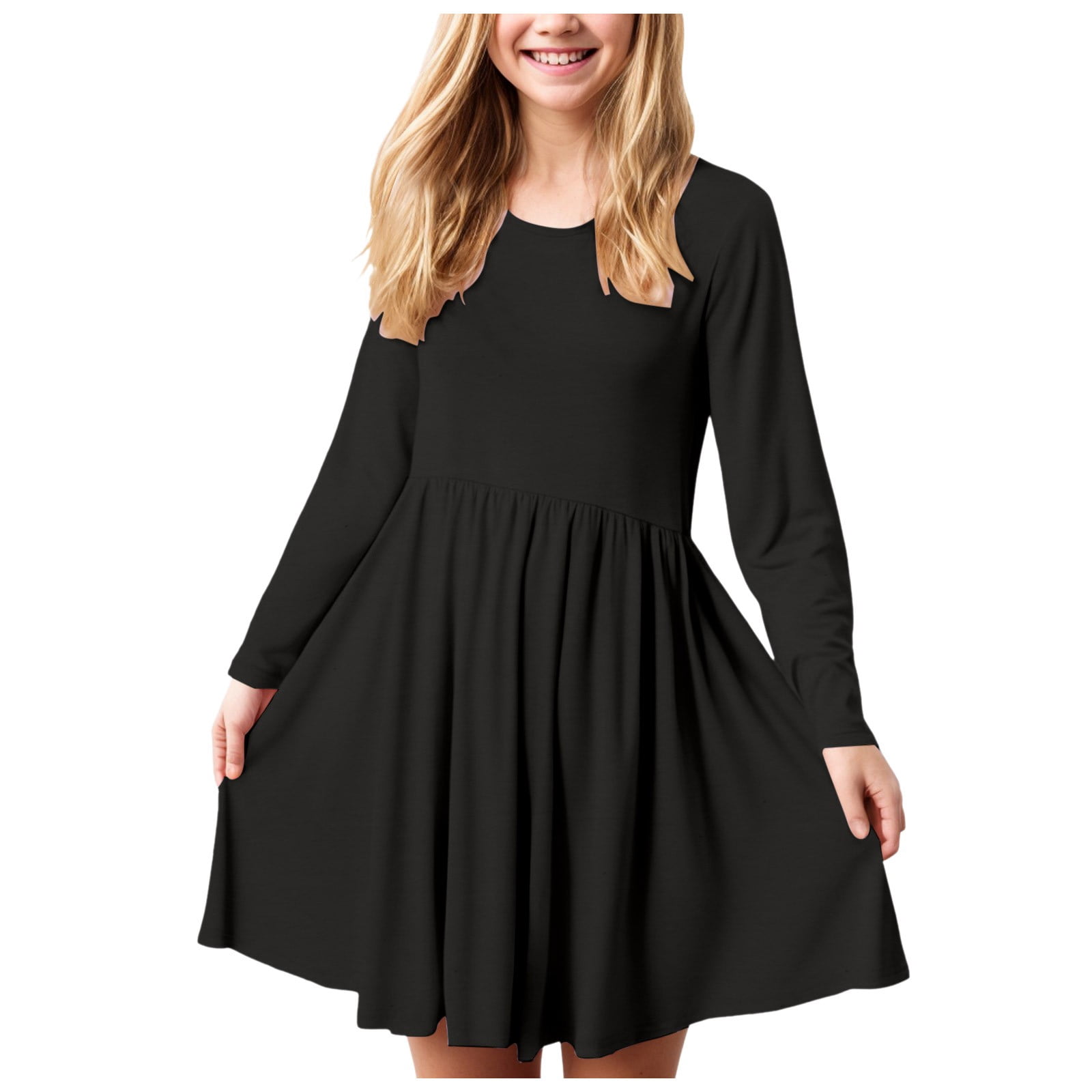 Gvdentm Long Sleeve Girls Dress Toddler 4-12 Year Fall Dresses Skater Twirl  Cotton A-Line Dress for School Casual Holiday Christmas Black,4-6 Years -  Walmart.com