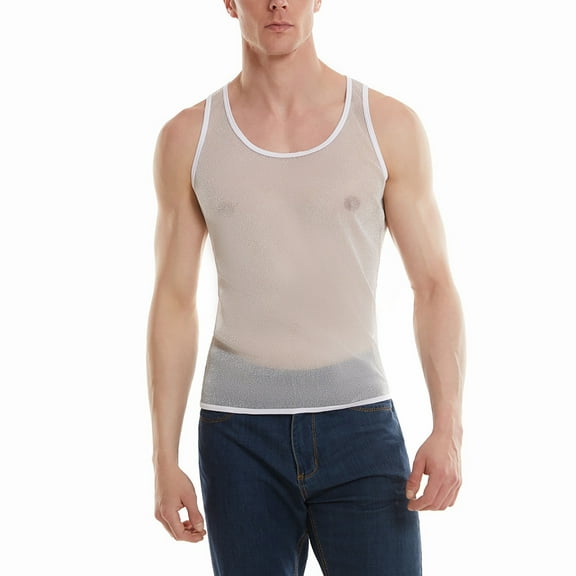 Gvdentm Men Tank Tops Men's Mesh Fishnet Muscle Top See Through Shirts Fitted Crew Neck Tee Clubwear White L