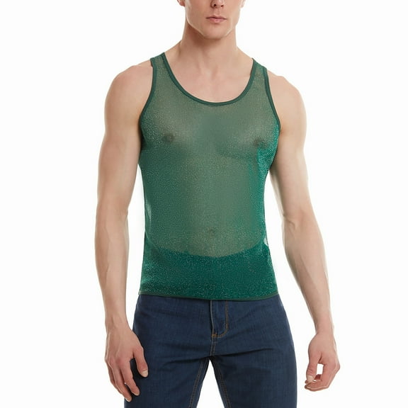 Gvdentm Mesh Tank Top Men Men's Mesh Fishnet Muscle Top See Through Shirts Fitted Crew Neck Tee Clubwear Green L