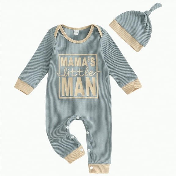 Gvdentm Newborn Baby Boy Clothes One Piece Romper Jumpsuit Ribbed Knit Long Sleeve Striped Bodysuit with Hat(Sky Blue,12-18 Months)