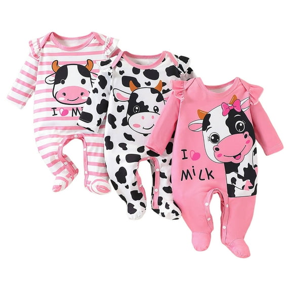 Gvdentm Baby Romper 3PC Girl One-piece Outfit Ruffle Zip Footie Fall Winter Clothes(1.Pink,6-9 Months)
