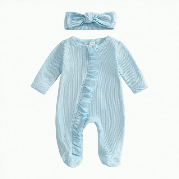 Gvdentm Newborn Infant Girl Footies Romper 3 Months Solid Color Frills Baby Jumpsuit Zip Up Onesie Clothes Headband(Blue,0-3 Months)