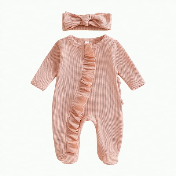 Gvdentm Newborn Infant Girl Footies Romper 3 Months Solid Color Frills Baby Jumpsuit Zip Up Onesie Clothes Headband(Light Pink,Newborn)