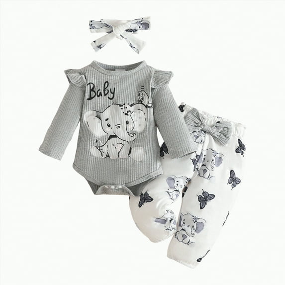 Gvdentm Onesies 0-3 Months Girl Baby Girl Clothes Outfits Ruffle Romper+ Floral Pants + Cute Headband Sets for Girls Clothes Girl|Grey 12-18 Months