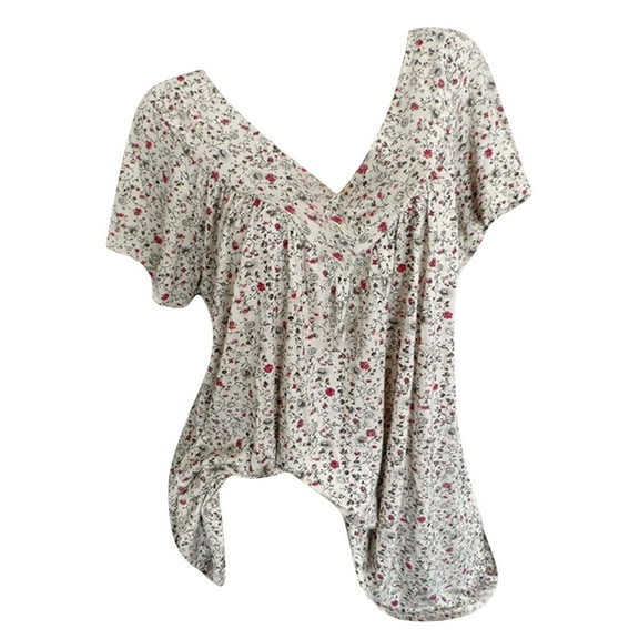 Gvdentm Plus Size Blouse for Women Fashion Casual Solid Color Printing V-Neck Short Sleeve Ruched Tunic Tee Summer T-Shirt Tops on(Beige,3XL)