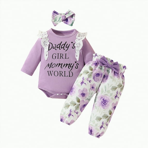 Gvdentm Preemie Baby Girl Clothes Outfits Romper Floral Fall Outfit Bell Bottoms Pant Sets Hat Headband Flowerpant Clothes Girl|Purple 9-12 Months