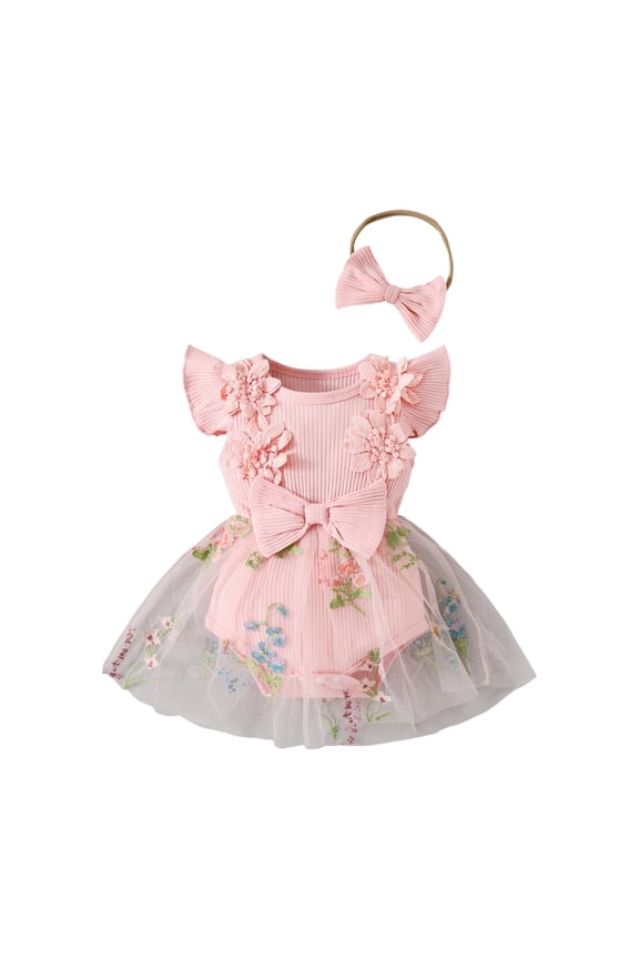 Preemie Girls Baby Clothes Lace Romper Skirt Dress Princess Outfits Sleeveless Flower Outfit(Pink,0-3 Months)