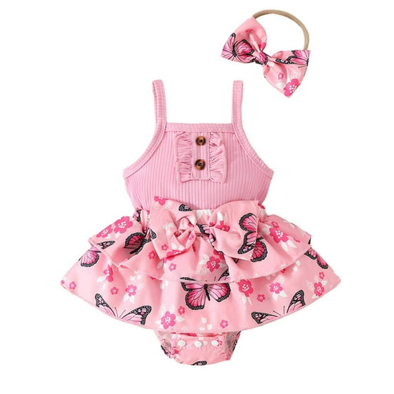 Gvdentm Preemie Baby Girl Clothes Romper Suspender Dress Summer Outfits Ruffle Short Sleeve Set(Pink,0-3 Months)