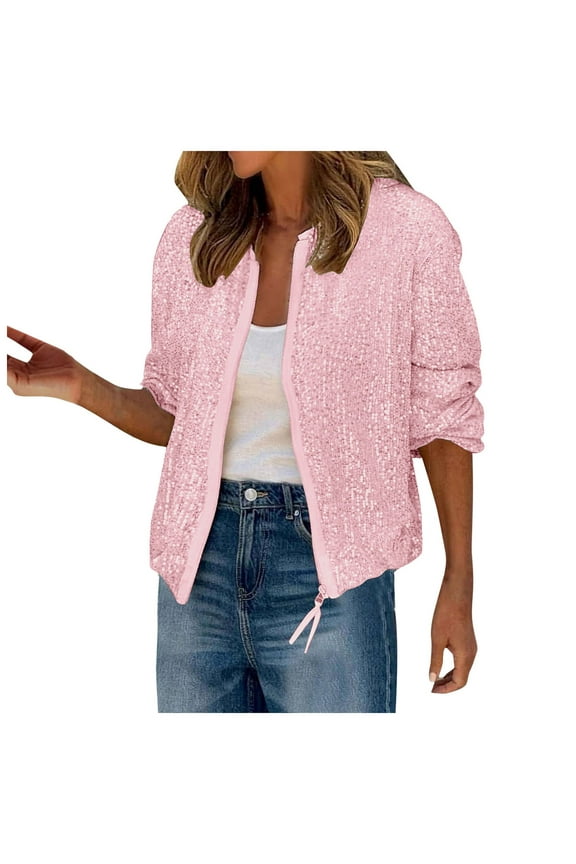 Sparkle Sequin Shimmer Jacket Long Sleeve Glitter Party Shiny Lapel Coat Rave Outerwear Blazer Women Pink,2XL
