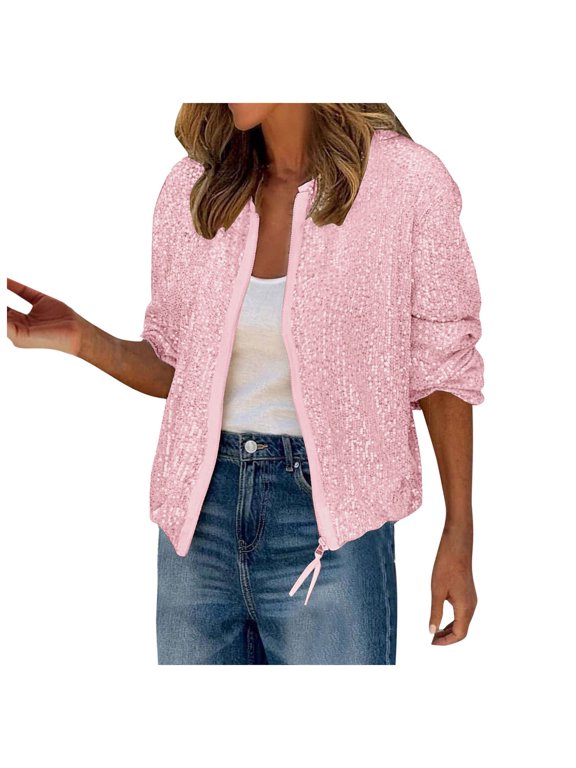 Sparkle Sequin Shimmer Jacket Long Sleeve Glitter Party Shiny Lapel Coat Rave Outerwear Blazer Women Pink,2XL