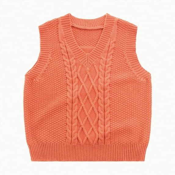 Gvdentm Sweater Clothes for Girls Boys Sweater Vest Unisex Cable Knit Cotton Toddler Uniform Vest for Little Big Childrens Kids Teenage Girls(Orange,5-6 Years)