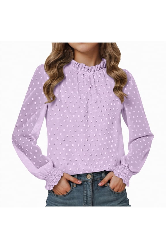 Teen Girls Shirts Girls' Long Sleeve Shirts Lace Loose Fit Casual Crewneck Blouses Tops 6-13 Years(Light Purple,7-8 Years)
