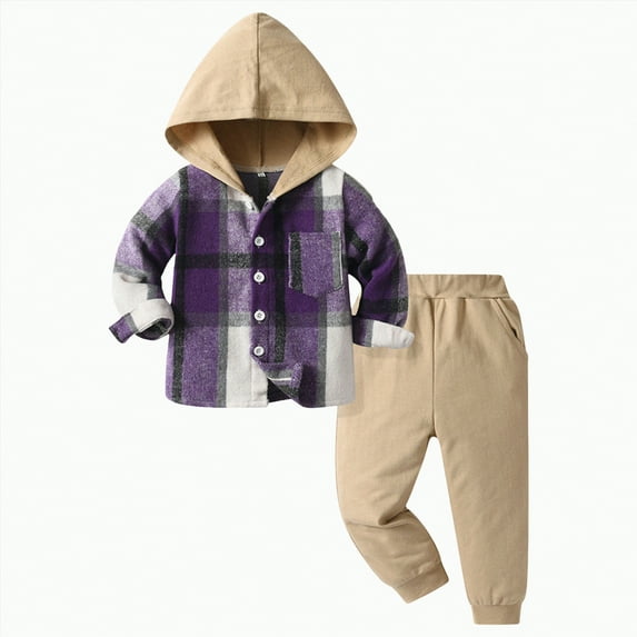 Gvdentm Toddler Baby Boys Clothes 3M-7T Flannel Lattice Button Hooded Tops +Pants Fall Winter Outfits for Toddler Baby Boy Outfit(Purple,18-24 Months)
