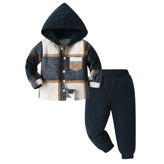 Gvdentm Toddler Baby Boys Clothes 3M-7T Flannel Lattice Button Hooded Tops +Pants Fall Winter Outfits for Toddler Baby Boy Outfit Dark Blue,3-4 Years