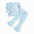 thumbnail image 1 of Gvdentm Toddler Baby Girl Clothes Outfit Long Sleeve Ruffle T Shirt Top Bell Bottom Pants Two Piece Fall Winter Outfits(Sky Blue,9-12 Months), 1 of 8