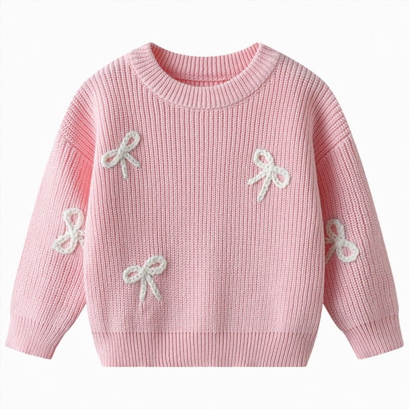 Gvdentm Toddler Baby Girl Knit Sweater Bow Embroidery Chunky Sweatshirt Tops Oversized Warm Christmas Fall Winter Clothes Pink,6-9 Months