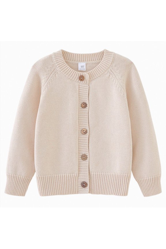 Toddler Boys Girls Crewneck Cardigan Sweaters Long Sleeve Kids Button Cotton School Uniform Knit Tops Outwear Beige,12-24 Months