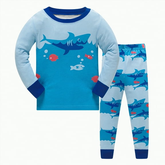 Gvdentm Toddler Boys Pajamas Monster Truck Cotton Kids Dinosaur 2 Piece Truck Pjs Sleepwear Clothes Sets(Sky Blue,7-8 Years)