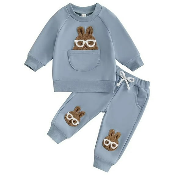 Gvdentm Toddler Clothes for Baby Boy 12M-4T Fall Outfits Rabbit Printed Baby Pullover & Pants Sets Kids Winter 2Pcs Sweatsuit Blue,12-18 Months