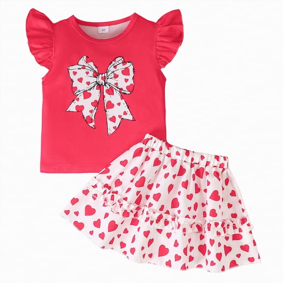 Gvdentm Toddler Girl Clothes 3T Bow Outfit Ruffle Sleeve Shirt Skirt Set Summer Clothing for Girl(Red,7-8 Years)