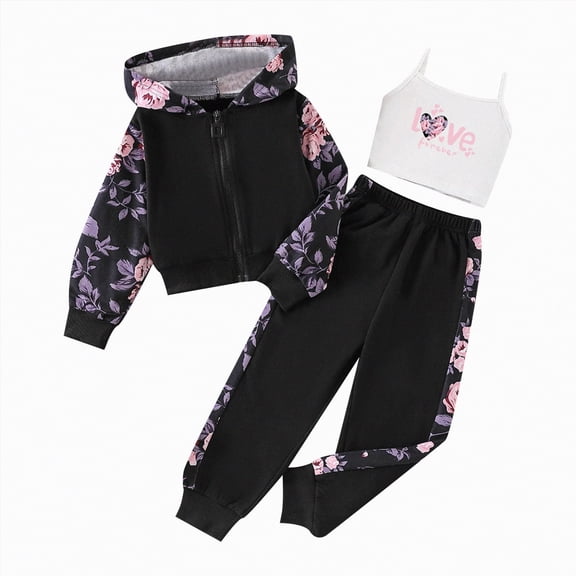 Gvdentm Toddler Girl Clothes 3T Floral Outfit Long Sleeve Shirt 2PC Pant Set Fall Clothing for Girl(Black,3-4 Years)