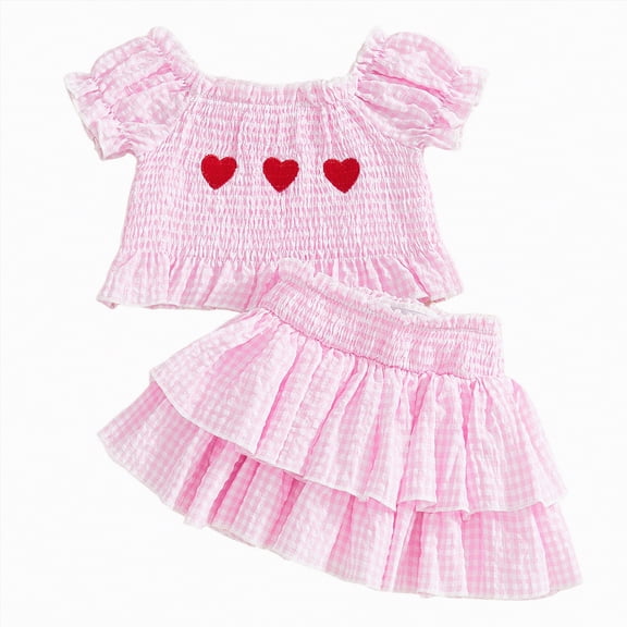 Gvdentm Toddler Girl Clothes 3T Heart Printed Outfit Ruffle Sleeve Shirt Skirt Set Summer Clothing for Girl(Pink,2-3 Years)