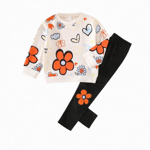 Gvdentm Toddler Girl Clothes 6T Long Sleeve Heart Print Tops and Pants 2PC Little Girl Winter Outfits(Orange,3-4 Years)