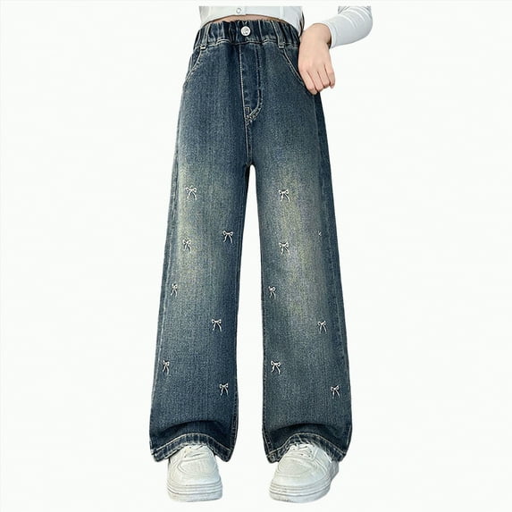 Gvdentm Toddler Jeans Girls Girls Cargo Pants Wide Leg Streetwear Kids Pants with Pockets Trendy Jogger Trousers(Blue,4-5 Years)