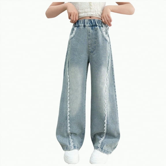 Gvdentm Toddler Jeans Girls Kids Girls' Casual Wide Leg Baggy Ripped Jeans Cool Loose Fit Distressed Denim Pants(Blue,9-10 Years)