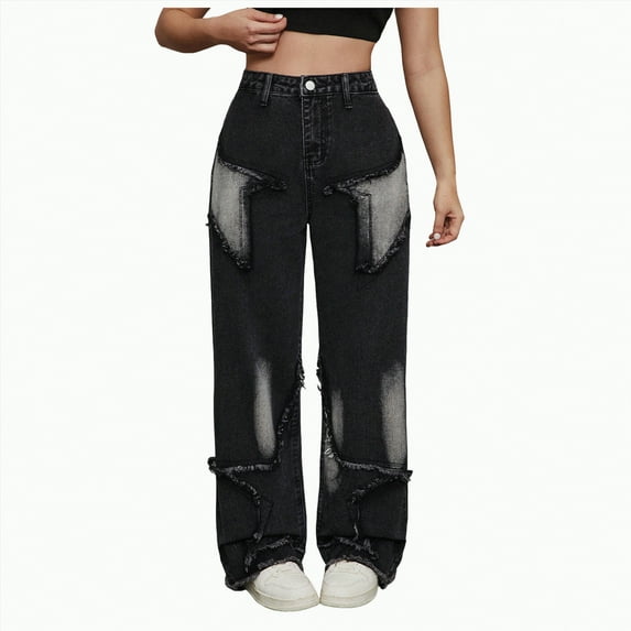 Gvdentm Toddler Jeans Girls Kids Girls Ripped Distressed Washed Baggy Wide Leg Casual Jeans(Black,14-15 Years)