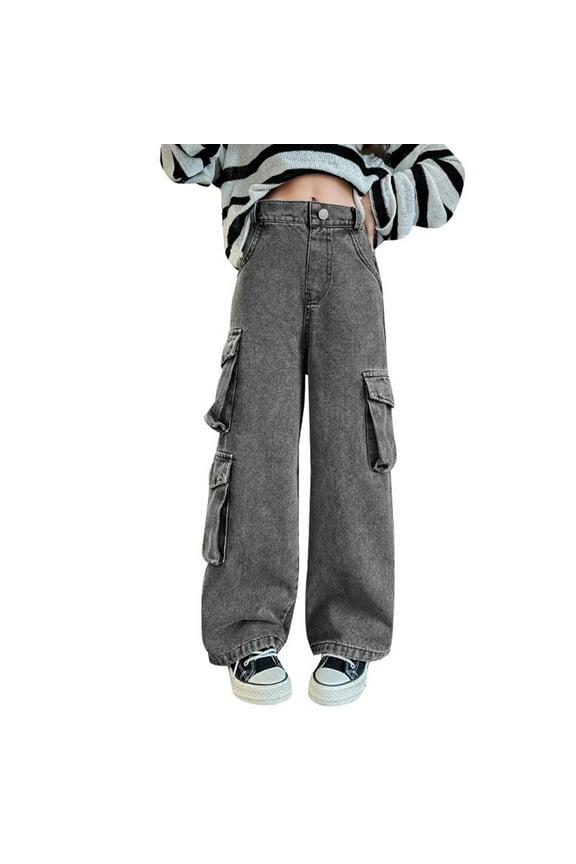 Toddler Jeans Girls Kids Girls Ripped Distressed Washed Baggy Wide Leg Casual Jeans(Dark Gray,150)