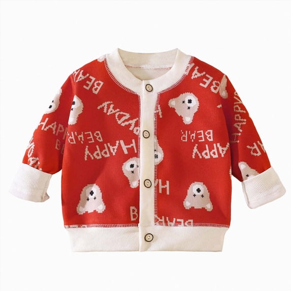 Gvdentm Toddler's Cartoon Pattern Sweater Cardigan,Knit Cotton Top, Baby Boy's Warm Clothes Red,3-4 Years