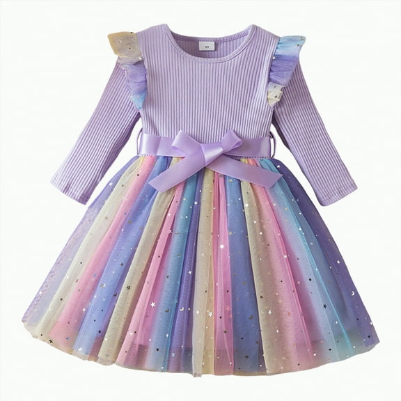 Gvdentm Tulle Girls Dress Toddler Girl Dresses Knit Long Sleeve Girls Sweater Sequin Tulle Dress Ruffle Fall Winter Baby Tutu Christmas Birthday(Purple,1-2 Years)