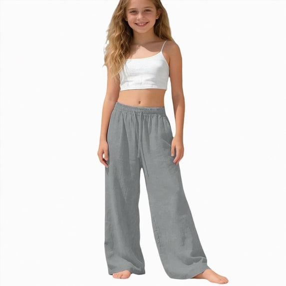 Gvdentm Wide Leg Linen Pants Girls Elastic Waist Lightweight Flowy Boho Beach Vacation Lounge Trousers Size 12-13 Years