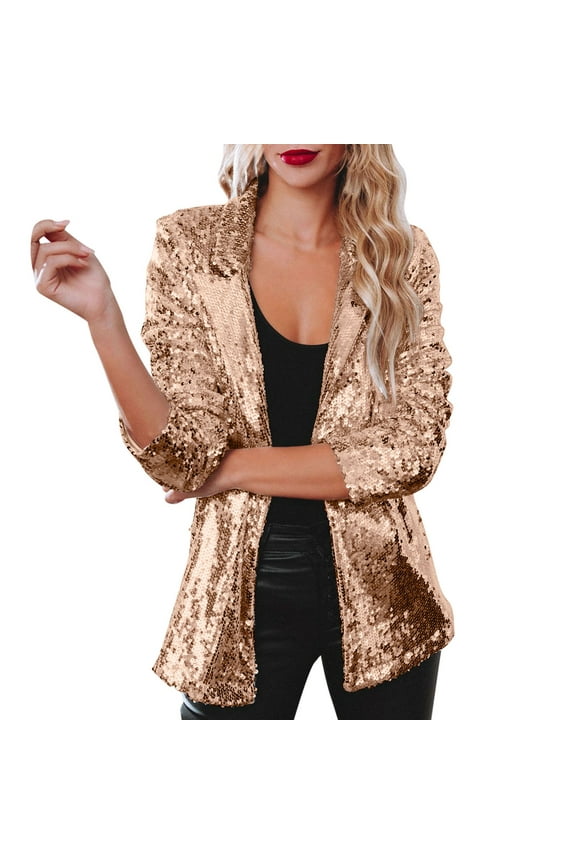 Womans Blazers Shiny Sequin Varsity Jacket Long Sleeve Zip up Party Bomber Coat Plus Size Casual Blazer for Women Gold,L